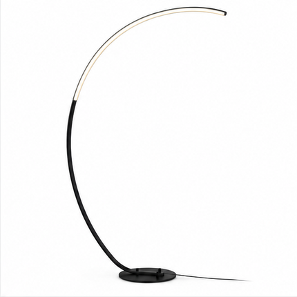 Zwarte moderne LED booglamp van 165 cm met slank gebogen metalen frame, ronde voet en geïntegreerde verlichting, dimbare staande vloerlamp voor woonkamer en slaapkamer.