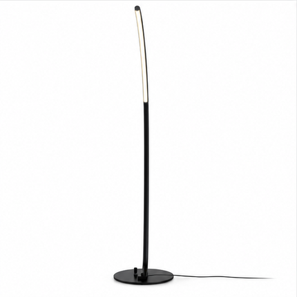 Zwarte moderne LED booglamp van 165 cm met slank gebogen metalen frame, ronde voet en geïntegreerde verlichting, dimbare staande vloerlamp voor woonkamer en slaapkamer.
