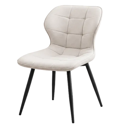 Lichtbeige gestoffeerde eetkamerstoel met linnen bekleding, ergonomische rugleuning, sierstiksels en zwarte metalen poten, verkrijgbaar als set van 4.