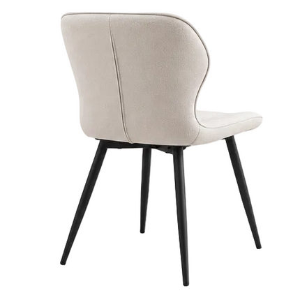 Lichtbeige gestoffeerde eetkamerstoel met linnen bekleding, ergonomische rugleuning, sierstiksels en zwarte metalen poten, verkrijgbaar als set van 4.