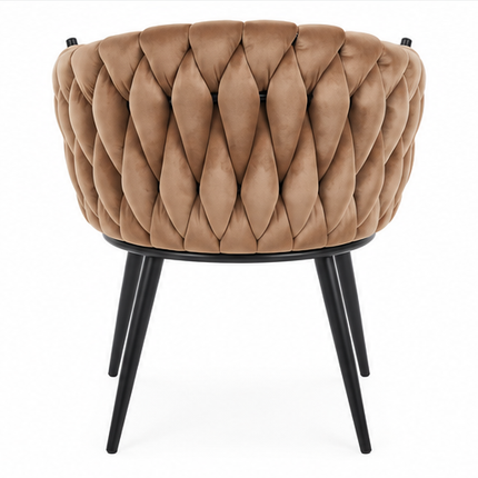 Drie luxe fluwelen eetkamerstoelen met armleuningen in beige, donkergroen en grijs, met gevlochten kuiprugleuning en zwarte metalen poten – Model G.