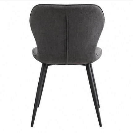 Donkergrijze gestoffeerde eetkamerstoel met linnen bekleding, ergonomische rugleuning, decoratieve stiknaden en zwarte metalen poten, set van 4.
