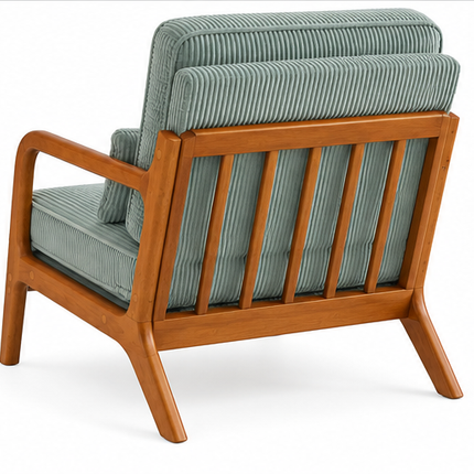 Retro Fauteuil Armstoel Beige Groen Blauw Ribstof – Houten Frame – Mid-Century Design Loungestoel