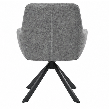 Zes draaibare eetkamerstoelen met armleuningen, gestoffeerde zitting, hoge rugleuning en zwarte metalen poten in licht taupe, donkerbruin, crèmewit, antracietgrijs, zandbeige en cognac.
