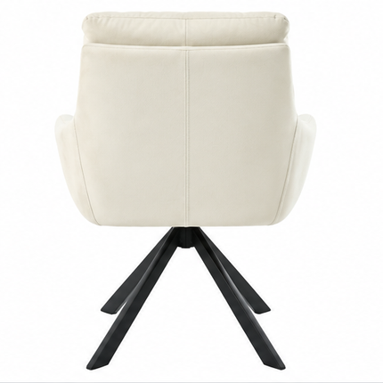 Zes draaibare eetkamerstoelen met armleuningen, gestoffeerde zitting, hoge rugleuning en zwarte metalen poten in licht taupe, donkerbruin, crèmewit, antracietgrijs, zandbeige en cognac.