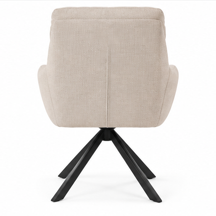 Zes draaibare eetkamerstoelen met armleuningen, gestoffeerde zitting, hoge rugleuning en zwarte metalen poten in licht taupe, donkerbruin, crèmewit, antracietgrijs, zandbeige en cognac.