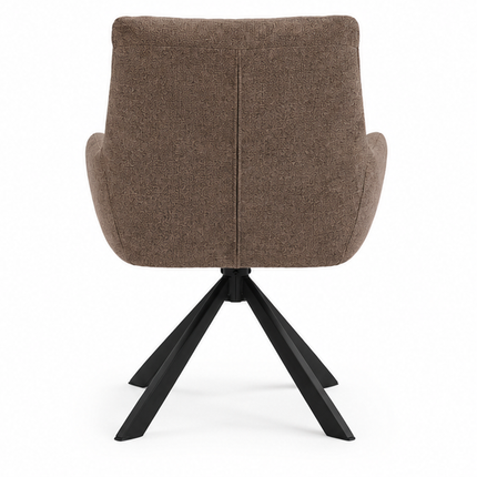 Zes draaibare eetkamerstoelen met armleuningen, gestoffeerde zitting, hoge rugleuning en zwarte metalen poten in licht taupe, donkerbruin, crèmewit, antracietgrijs, zandbeige en cognac.