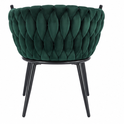 Drie luxe fluwelen eetkamerstoelen met armleuningen in beige, donkergroen en grijs, met gevlochten kuiprugleuning en zwarte metalen poten – Model G.