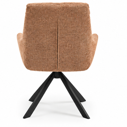 Zes draaibare eetkamerstoelen met armleuningen, gestoffeerde zitting, hoge rugleuning en zwarte metalen poten in licht taupe, donkerbruin, crèmewit, antracietgrijs, zandbeige en cognac.