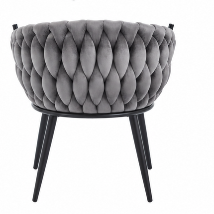 Drie luxe fluwelen eetkamerstoelen met armleuningen in beige, donkergroen en grijs, met gevlochten kuiprugleuning en zwarte metalen poten – Model G.