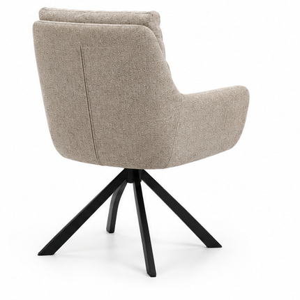 Zes draaibare eetkamerstoelen met armleuningen, gestoffeerde zitting, hoge rugleuning en zwarte metalen poten in licht taupe, donkerbruin, crèmewit, antracietgrijs, zandbeige en cognac.
