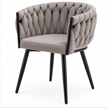 Twee luxe grijze fluwelen eetkamerstoelen met armleuningen, geweven rugleuning en zwart metalen onderstel.