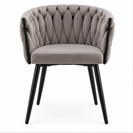 Twee luxe grijze fluwelen eetkamerstoelen met armleuningen, geweven rugleuning en zwart metalen onderstel.