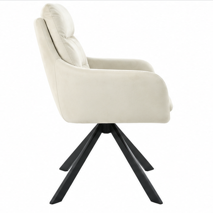 Zes draaibare eetkamerstoelen met armleuningen, gestoffeerde zitting, hoge rugleuning en zwarte metalen poten in licht taupe, donkerbruin, crèmewit, antracietgrijs, zandbeige en cognac.