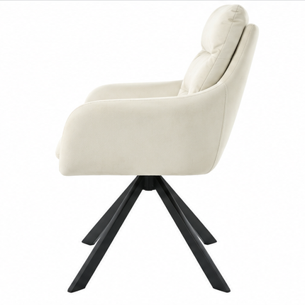 Zes draaibare eetkamerstoelen met armleuningen, gestoffeerde zitting, hoge rugleuning en zwarte metalen poten in licht taupe, donkerbruin, crèmewit, antracietgrijs, zandbeige en cognac.