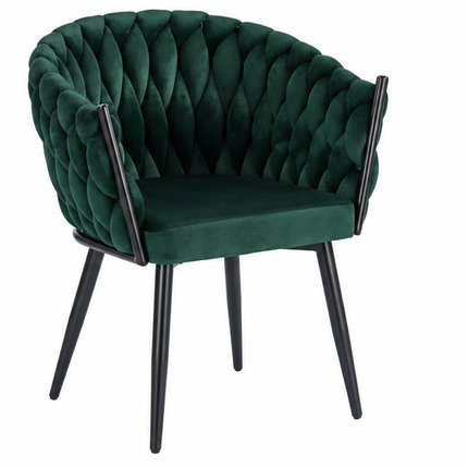 Drie luxe fluwelen eetkamerstoelen met armleuningen in beige, donkergroen en grijs, met gevlochten kuiprugleuning en zwarte metalen poten – Model G.