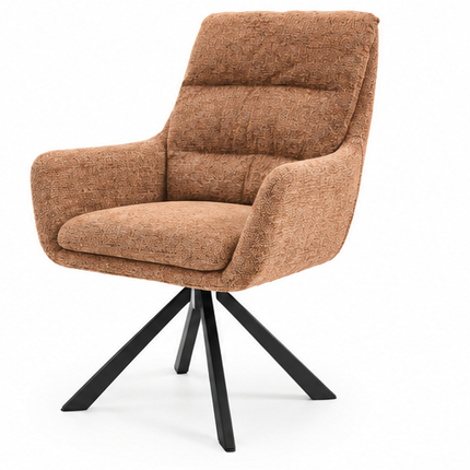 Zes draaibare eetkamerstoelen met armleuningen, gestoffeerde zitting, hoge rugleuning en zwarte metalen poten in licht taupe, donkerbruin, crèmewit, antracietgrijs, zandbeige en cognac.