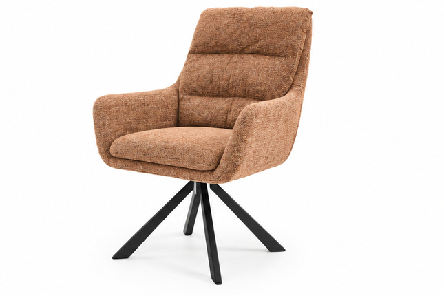 Zes draaibare eetkamerstoelen met armleuningen, gestoffeerde zitting, hoge rugleuning en zwarte metalen poten in licht taupe, donkerbruin, crèmewit, antracietgrijs, zandbeige en cognac.