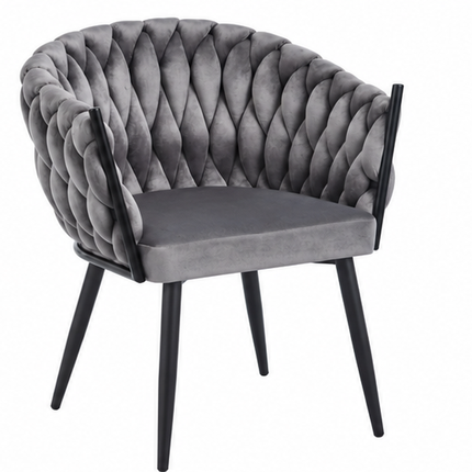 Drie luxe fluwelen eetkamerstoelen met armleuningen in beige, donkergroen en grijs, met gevlochten kuiprugleuning en zwarte metalen poten – Model G.