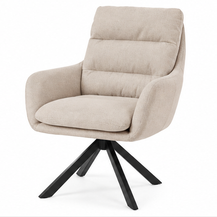 Zes draaibare eetkamerstoelen met armleuningen, gestoffeerde zitting, hoge rugleuning en zwarte metalen poten in licht taupe, donkerbruin, crèmewit, antracietgrijs, zandbeige en cognac.