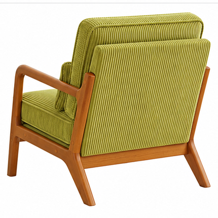 Retro Fauteuil Armstoel Beige Groen Blauw Ribstof – Houten Frame – Mid-Century Design Loungestoel