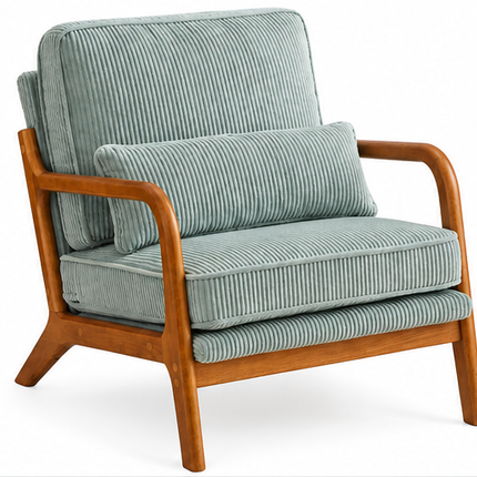 Retro Fauteuil Armstoel Beige Groen Blauw Ribstof – Houten Frame – Mid-Century Design Loungestoel