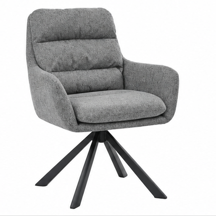 Zes draaibare eetkamerstoelen met armleuningen, gestoffeerde zitting, hoge rugleuning en zwarte metalen poten in licht taupe, donkerbruin, crèmewit, antracietgrijs, zandbeige en cognac.