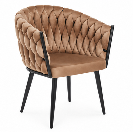 Drie luxe fluwelen eetkamerstoelen met armleuningen in beige, donkergroen en grijs, met gevlochten kuiprugleuning en zwarte metalen poten – Model G.