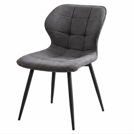 Donkergrijze gestoffeerde eetkamerstoel met linnen bekleding, ergonomische rugleuning, decoratieve stiknaden en zwarte metalen poten, set van 4.