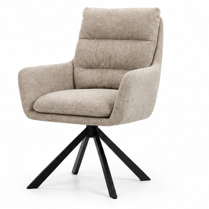 Zes draaibare eetkamerstoelen met armleuningen, gestoffeerde zitting, hoge rugleuning en zwarte metalen poten in licht taupe, donkerbruin, crèmewit, antracietgrijs, zandbeige en cognac.
