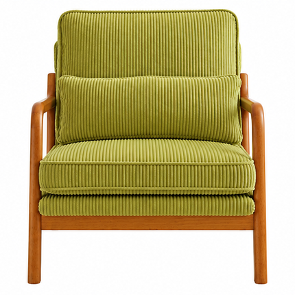 Retro Fauteuil Armstoel Beige Groen Blauw Ribstof – Houten Frame – Mid-Century Design Loungestoel