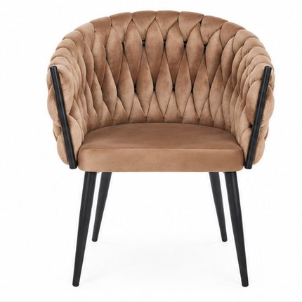 Drie luxe fluwelen eetkamerstoelen met armleuningen in beige, donkergroen en grijs, met gevlochten kuiprugleuning en zwarte metalen poten – Model G.