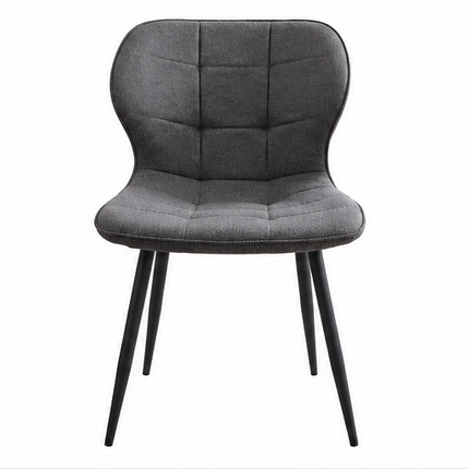Donkergrijze gestoffeerde eetkamerstoel met linnen bekleding, ergonomische rugleuning, decoratieve stiknaden en zwarte metalen poten, set van 4.