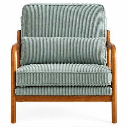 Retro Fauteuil Armstoel Beige Groen Blauw Ribstof – Houten Frame – Mid-Century Design Loungestoel