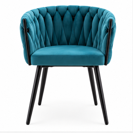 Turquoise fluwelen eetkamerstoel met luxe geweven rugleuning, armleuningen en stevige zwarte metalen poten.