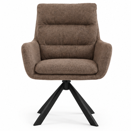 Zes draaibare eetkamerstoelen met armleuningen, gestoffeerde zitting, hoge rugleuning en zwarte metalen poten in licht taupe, donkerbruin, crèmewit, antracietgrijs, zandbeige en cognac.