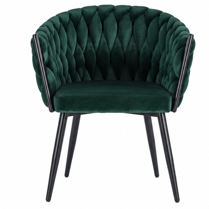 Drie luxe fluwelen eetkamerstoelen met armleuningen in beige, donkergroen en grijs, met gevlochten kuiprugleuning en zwarte metalen poten – Model G.