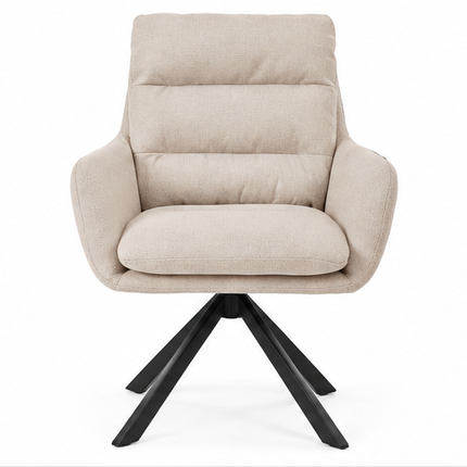 Zes draaibare eetkamerstoelen met armleuningen, gestoffeerde zitting, hoge rugleuning en zwarte metalen poten in licht taupe, donkerbruin, crèmewit, antracietgrijs, zandbeige en cognac.