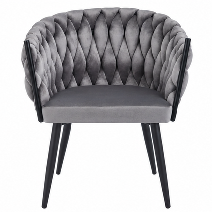 Drie luxe fluwelen eetkamerstoelen met armleuningen in beige, donkergroen en grijs, met gevlochten kuiprugleuning en zwarte metalen poten – Model G.
