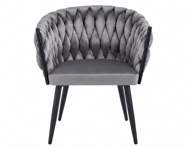 Drie luxe fluwelen eetkamerstoelen met armleuningen in beige, donkergroen en grijs, met gevlochten kuiprugleuning en zwarte metalen poten – Model G.