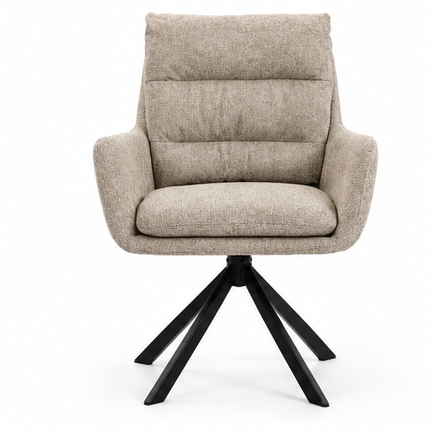 Zes draaibare eetkamerstoelen met armleuningen, gestoffeerde zitting, hoge rugleuning en zwarte metalen poten in licht taupe, donkerbruin, crèmewit, antracietgrijs, zandbeige en cognac.