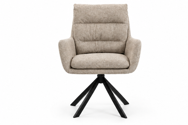 Zes draaibare eetkamerstoelen met armleuningen, gestoffeerde zitting, hoge rugleuning en zwarte metalen poten in licht taupe, donkerbruin, crèmewit, antracietgrijs, zandbeige en cognac.