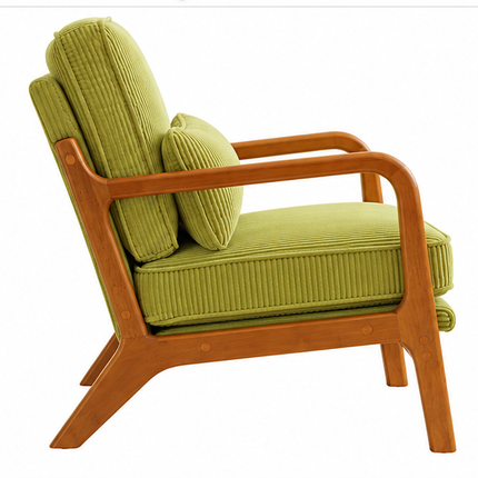 Retro Fauteuil Armstoel Beige Groen Blauw Ribstof – Houten Frame – Mid-Century Design Loungestoel