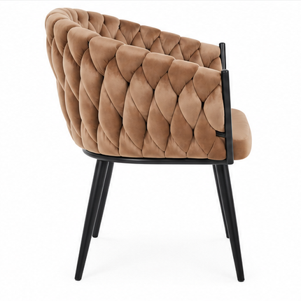 Drie luxe fluwelen eetkamerstoelen met armleuningen in beige, donkergroen en grijs, met gevlochten kuiprugleuning en zwarte metalen poten – Model G.