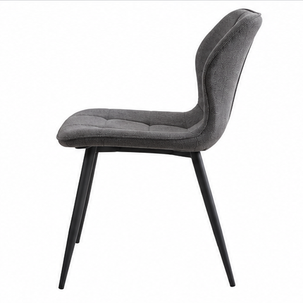 Donkergrijze gestoffeerde eetkamerstoel met linnen bekleding, ergonomische rugleuning, decoratieve stiknaden en zwarte metalen poten, set van 4.
