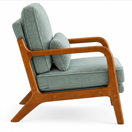 Retro Fauteuil Armstoel Beige Groen Blauw Ribstof – Houten Frame – Mid-Century Design Loungestoel