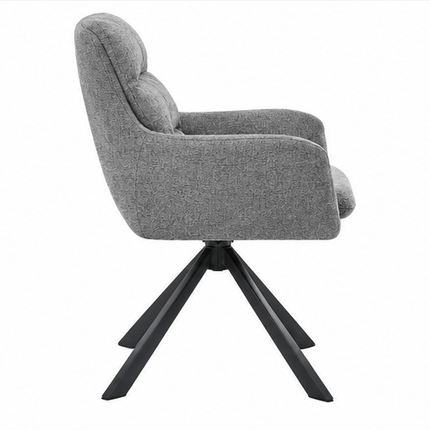 Zes draaibare eetkamerstoelen met armleuningen, gestoffeerde zitting, hoge rugleuning en zwarte metalen poten in licht taupe, donkerbruin, crèmewit, antracietgrijs, zandbeige en cognac.