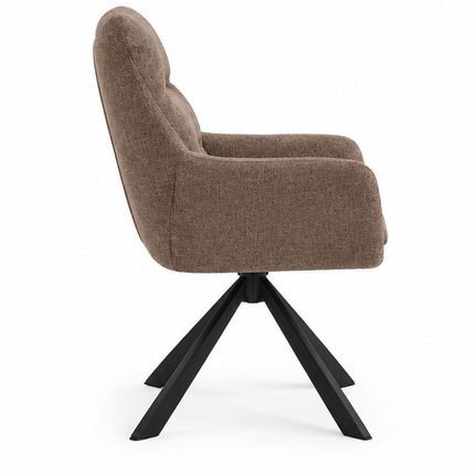 Zes draaibare eetkamerstoelen met armleuningen, gestoffeerde zitting, hoge rugleuning en zwarte metalen poten in licht taupe, donkerbruin, crèmewit, antracietgrijs, zandbeige en cognac.