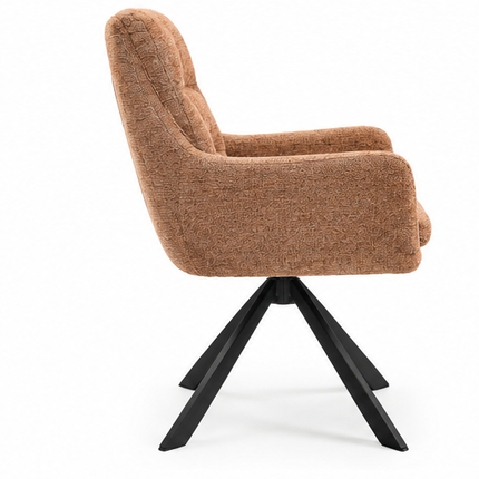Zes draaibare eetkamerstoelen met armleuningen, gestoffeerde zitting, hoge rugleuning en zwarte metalen poten in licht taupe, donkerbruin, crèmewit, antracietgrijs, zandbeige en cognac.