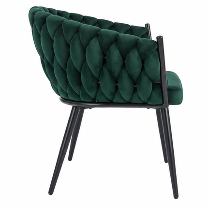 Drie luxe fluwelen eetkamerstoelen met armleuningen in beige, donkergroen en grijs, met gevlochten kuiprugleuning en zwarte metalen poten – Model G.